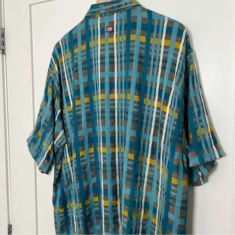 Ecko Unltd Shirt Mens XL Blue Plaid Button Up Short Sleeve Pockets Outdoor Logo